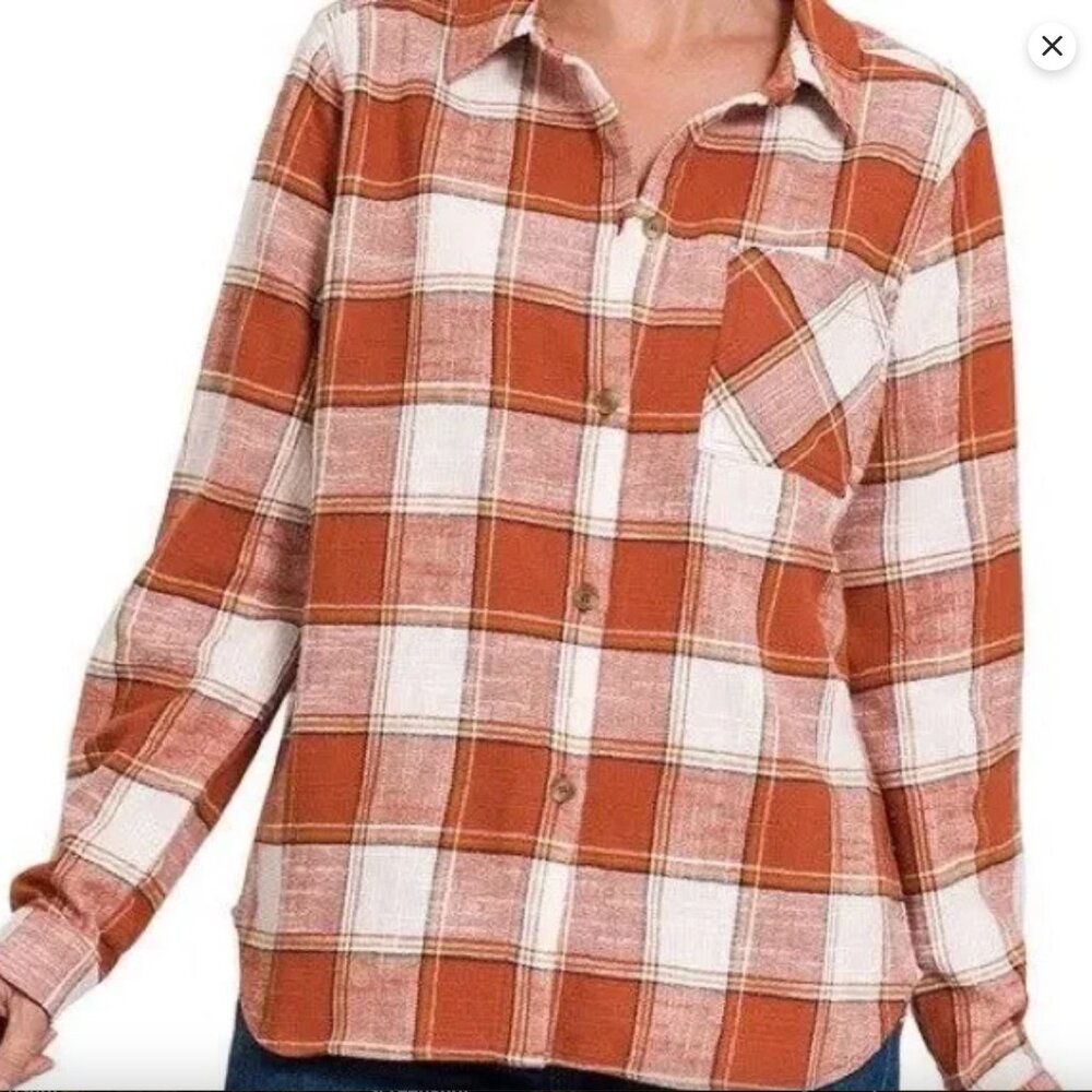 Zenana Rust Plaid Button-Up Flannel Shirt Size LARGE NEW